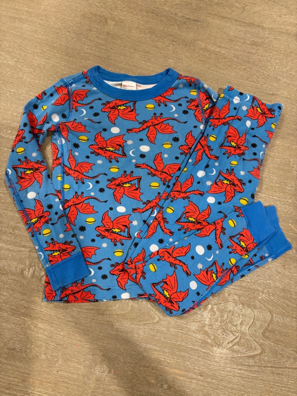 Hanna Andersson Blue Kids Dragon Pajama Top with Red and Yellow Accents